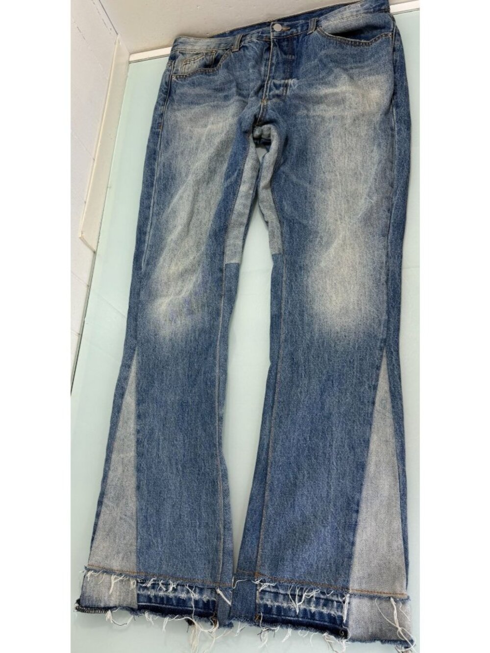 MNML Jeans Mens 34X34 Flared Legs Button Fly Patchwork 100% Cotton Denim Retro